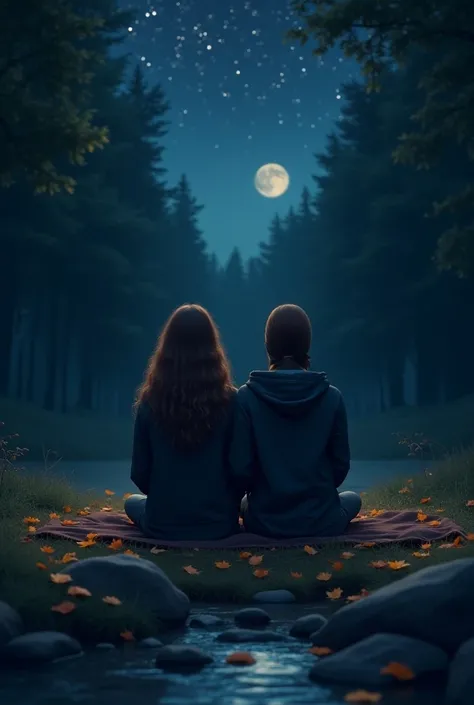  Two women sitting on a blanket In the middle of the forest in front of a plus .  There are leaves lying on the ground next to the women .  It is night and in the night sky you can see many stars and a small full moon . Both women are wearing a black jacke...