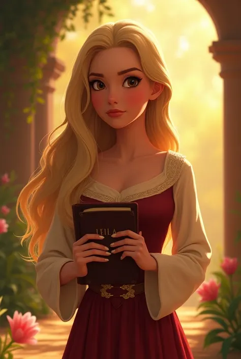  Disney poster with the name of Leila featuring a blond woman with black, with dark brown eyes ,pele morena, with an evangelical dress and a bible in her hand  