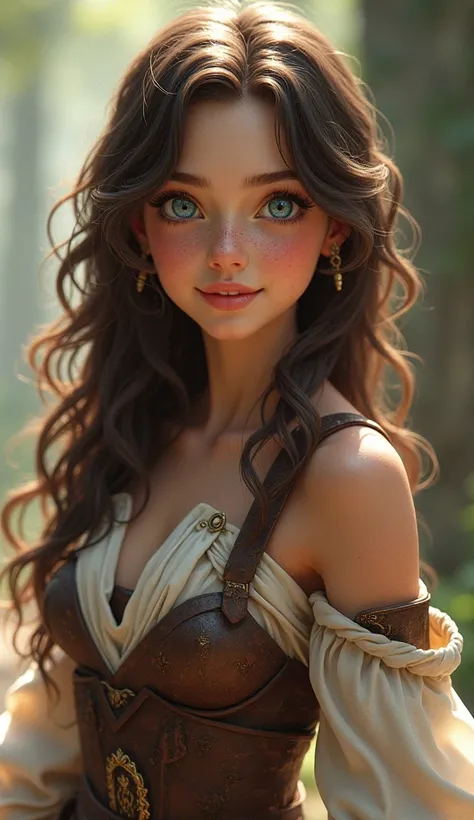 ((high resolution)), ((pale skin)), freckled, brunette (()) girl, with blue eyes, blushing cheeks, wavy hair, smiling, naked, as a fantasy warrior, sexy armor,10,years old girl,beautiful girl
