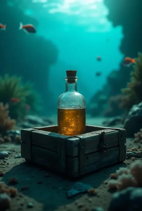 bottle inside a chest on the bottom of the sea realistic image