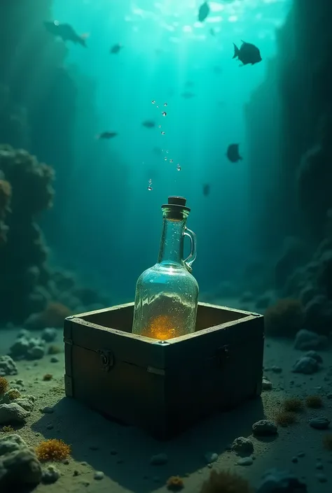 bottle inside a chest on the bottom of the sea realistic image