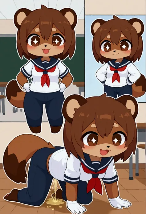 girl, tanuki, furry, bodyfur, tail, school uniform, sailor suit, jersey pants, long pants, white gloves, barefoot, chibi, sparkling eyes, happy, full body, school, all fours, classroom, blush, peeing