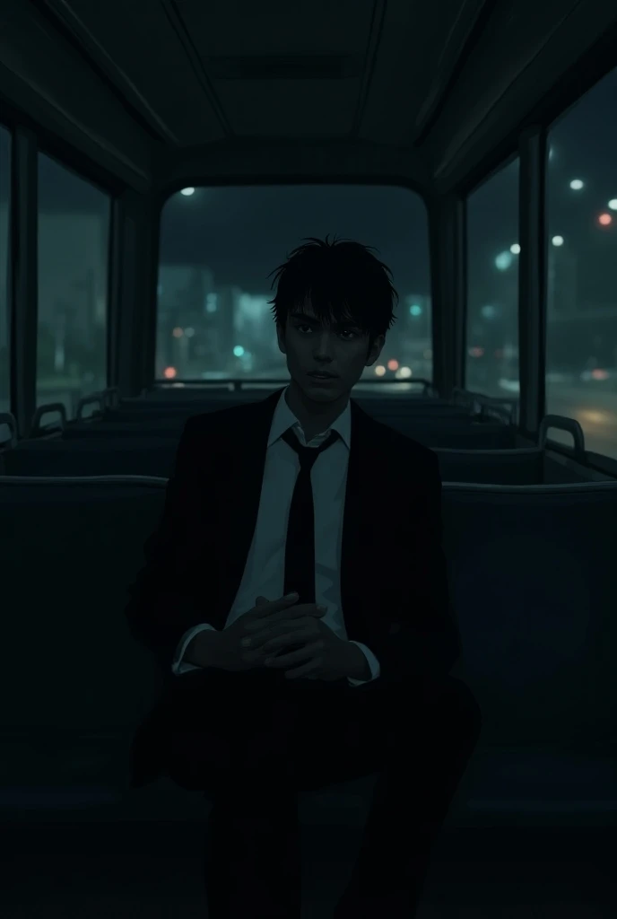 Man in a suit inside the bus in total darkness at night. Lonely. But put hair on it