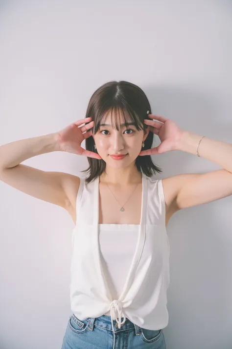 Smiling face with hands making a heart shape:2.0、Instagrammable:1.2 (Ultra-Accurate Human Anatomy, Best Quality、RAW Photos、8k、32K、masterpiece、Realistic、 photoreal:1.37)、Cute Japanese women images、Tank tops、Photographed in natural light、 upper body、1 girl、P...