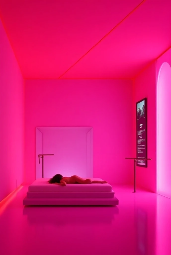 Neon pink room, square bed, ceiling mirror , barra de pole dance,  panel with television