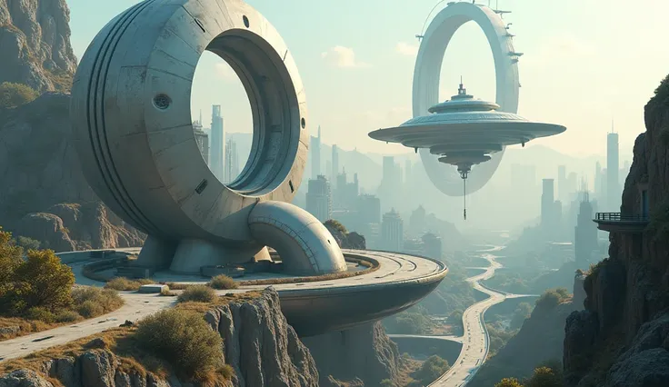 photo shoot，  Post-Production with Ultra Photorealism，Hyper-detailing，Ultra-wide angle photography，24th century，SF City， Fantasy World ， Future Tech Cities ，Oval building，Suspended Round Aircraft ，Paths in All Directions ， High Definition Surreal VFX，Dirt，...