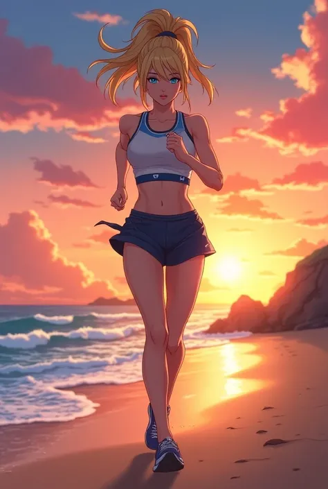 a sporty woman with a high ponytail, running along a beach at sunset、middle part、Blonde、blue eyes、Anime style older sister