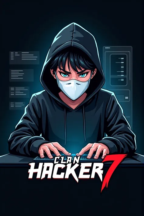 Create me a mascot logo where a boy with a white hacker mask and a black sweatshirt and who has a computer as if he were hacking something underneath has the letters that say “Clan Hacker7”
