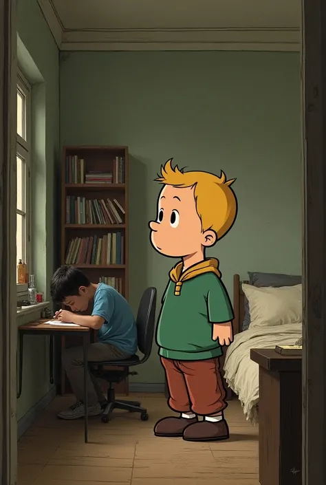 Draw a profile picture 
Tintin ,  -style anime, a simple interior art of a bedroom in an old apartment where a young man is studying,tired