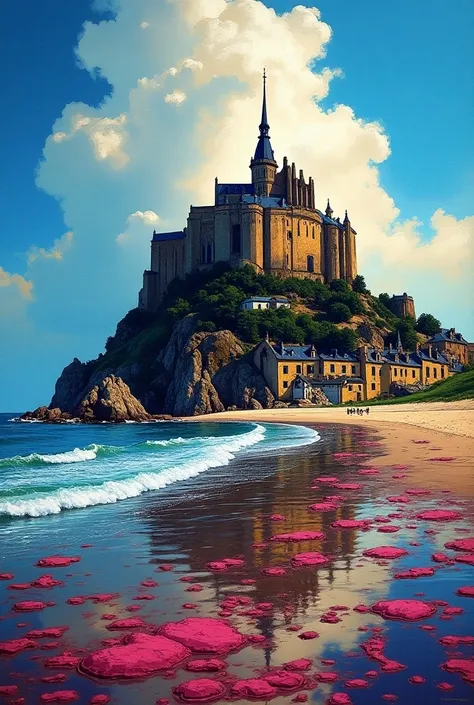 Make me an image of an Oscar Kokostcha style painting of Mount Saint Michel