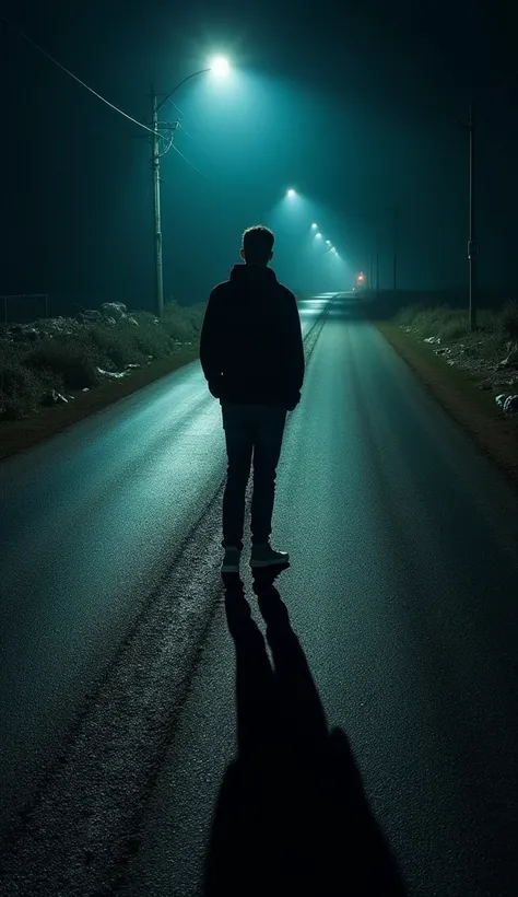 
Only the fragile shadow of a man with his hands in his pockets on the road at night is reflected on the road, no people, a deserted road, a gravel road, a road that just leads straight into darkness, garbage dumped by the side of the road, a gloomy atmosphere, a lonely atmosphere, sad colors