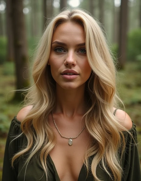 "Create an ultra-realistic, cinematic 8K, Ultra HD image of Lisa Virtea, a confident blonde woman in her mid-20s, singing passionately in the middle of a typical Swedish forest. The forest floor is damp, covered with moss and ferns, while tall, ancient tre...