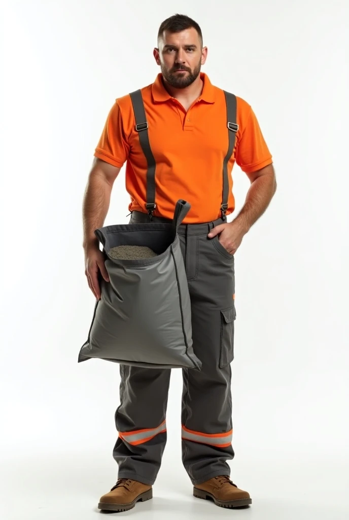 photo half sideways, brutal Russian man in orange polo and dark grey construction jumpsuit with orange accents,  dark short hair,  keeps a BIG BAG OF CEMENT OPEN ,  on a white background, professional photo , studio light,