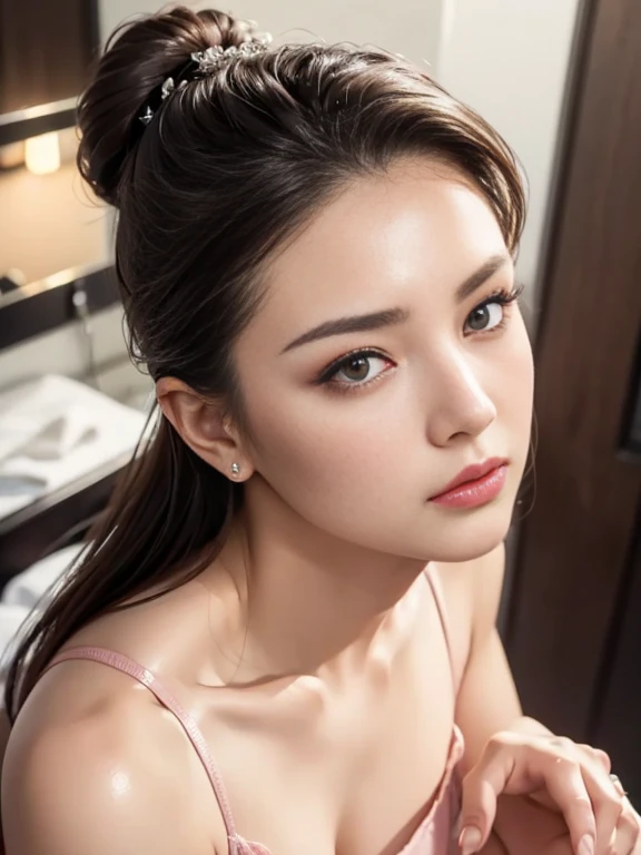 (from above, upper body, looking up,  close-up photo focusing on the face, Close-up of face), sexy, 25-year-old woman、hair slicked back, Bun Hair、 wearing a wedding dress 、Perfect Makeup、Vibrant eyeshadow、 strong eyeliner 、Light blush 、pink shiny lips 、 si...