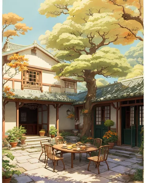 draw a courtyard with tables and chairs and a tree, chinese courtyard, the structure of the house is simple in chinese, warm lat...