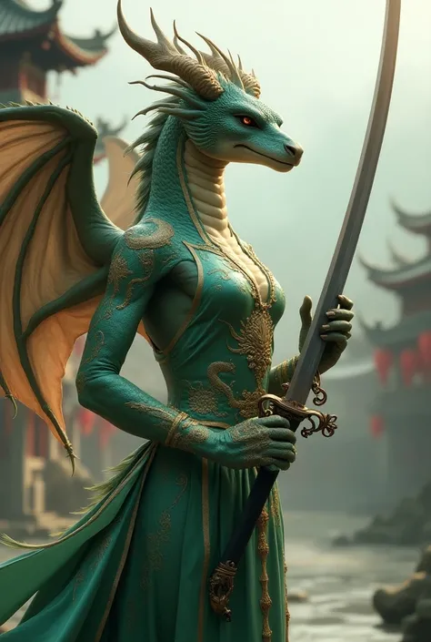 Female anthro dragon wearing qipoa wielding chinese sword 