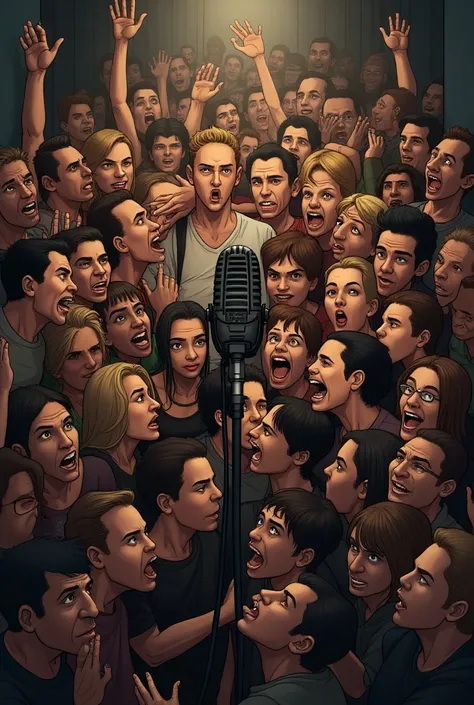 A lot of people squeezed into a microphone because theres no space