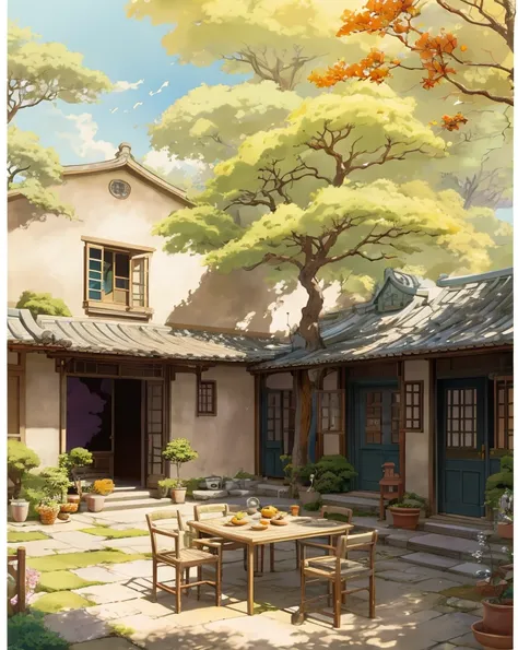 draw a courtyard with tables and chairs and a tree, chinese courtyard, the structure of the house is simple in chinese, warm lat...