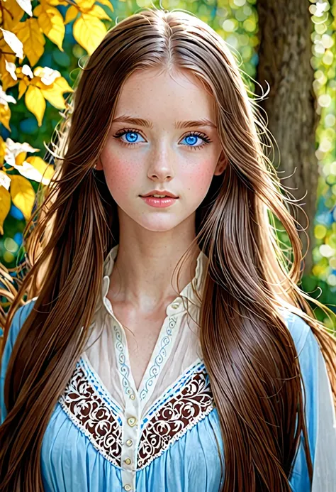 1 girl, long hair, blue eyes, brown hair, 