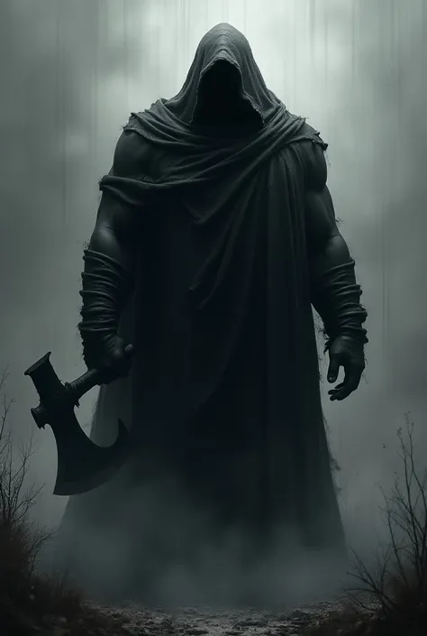 A huge, mysterious and dark man wearing a big cloak that covers it all and is torn black and carries a big ax 