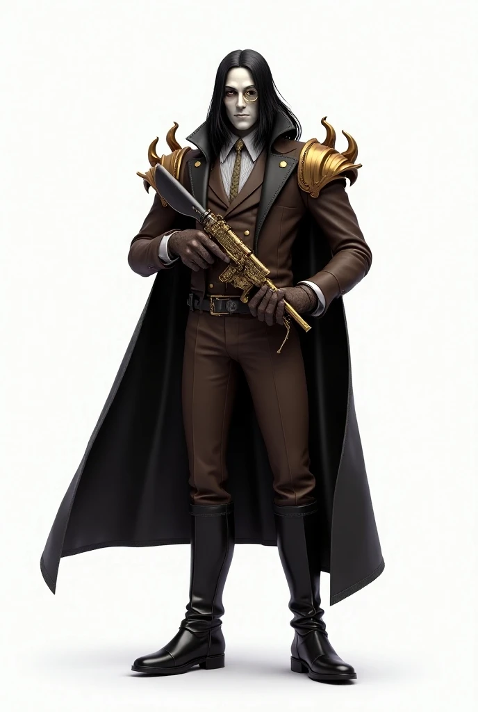 Um humano homem artificer steampunk,  he has a monocle and is dressed in a brown suit and black cape with wavy shoulder pads, He Has long black hair,  dressed in high boots and has a pale face with a typical smile holding a steampunk gun. Digital art d & d...