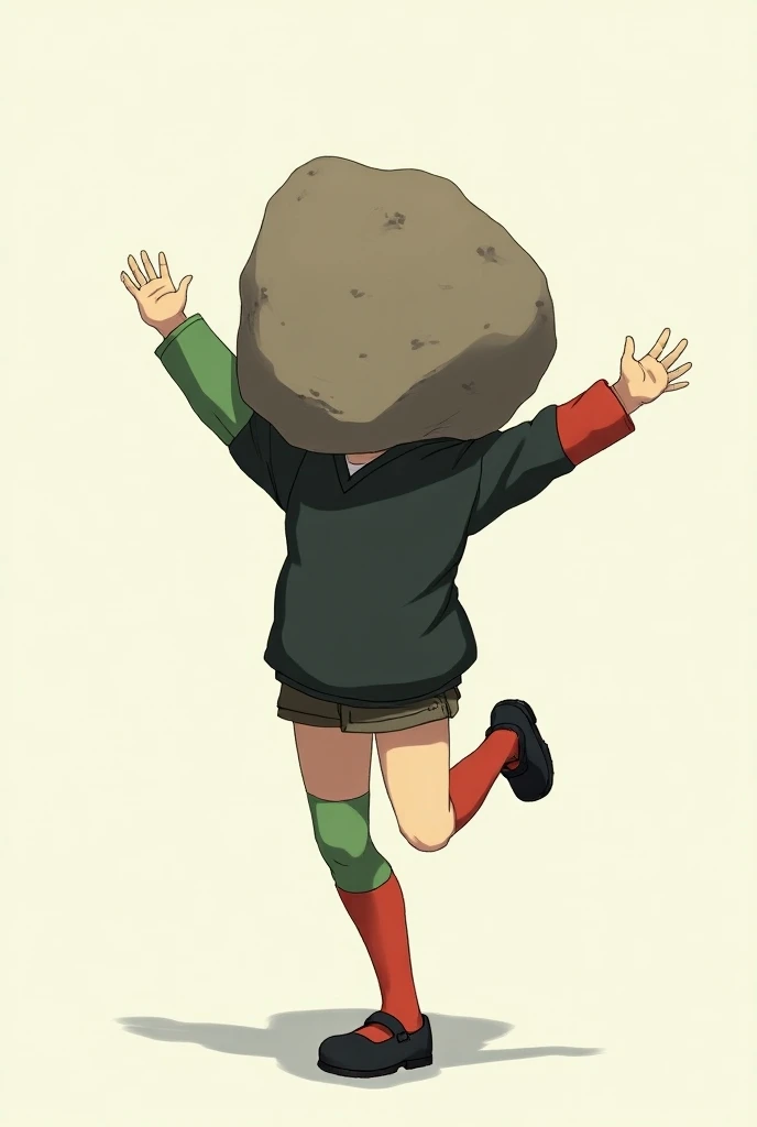 girl, anime, one half  (of the foot)  short in red and another half in green (of the foot)
  that reaches the thigh , chompa negra, with a large rock replacing his head, with arms outstretched, black shoes