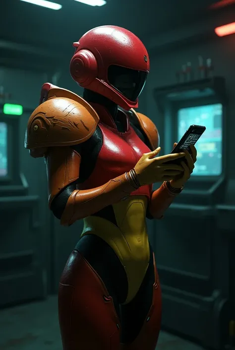 Samus Aran with his helmet touching a cell phone