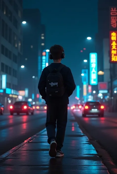  A very realistic image of a boy wearing a black stussy sweatshirt who walks at night wearing black and white Nike sneakers while wearing headphones ,  he walks at night with a backpack  , Since he comes from the gym  , Cars pass by on the street  ,  in th...