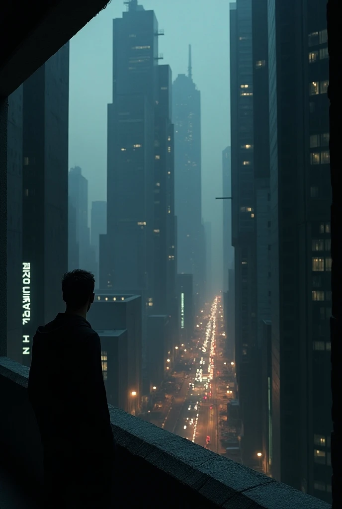 a futuristic city,from the balcony,brutalist towers,retro vibe,dark melancholia, in nighttime
