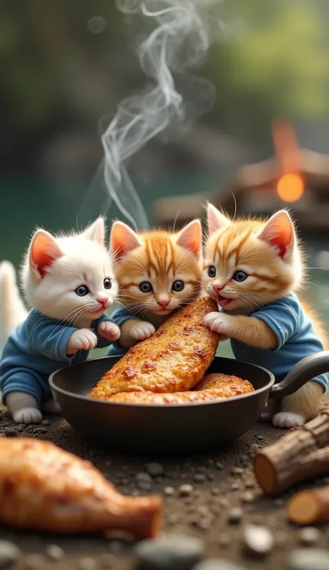 realistic photo, 8k, three adorable kittens, white fur, light brown fur and brown and white spotted fur wearing blue shirt and jeans are eating a piece of fried fish with a cheerful laughing expression in the background of a frying pan, sude, firewood, fir...