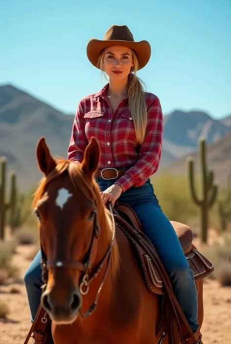 Create a high-quality, ultra-realistic image of a woman in a classic Western cowgirl outfit. She is wearing a checkered red shirt, denim jeans, and a brown cowboy hat. Her long blonde hair is tied back into a ponytail, and she is sitting confidently on a c...