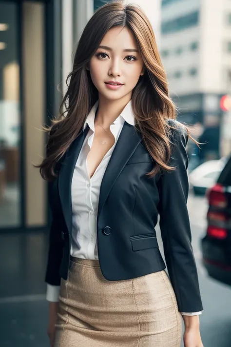  Best Quality, Realistic, Super detailed, finely,  High Resolution , 8K wallpaper,  1. Beautiful Women,, Light brown messy hair,  wearing a business suit,Wear a slit skirt、 Sharp focus,  perfect dynamic composition,   beautiful eyes down to the smallest de...