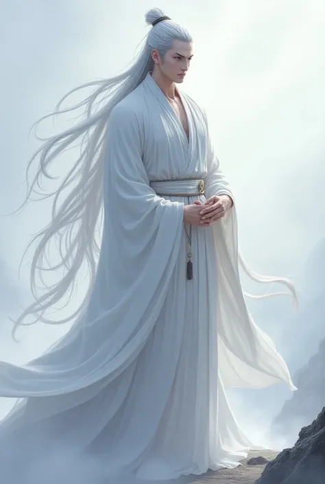 A full-body, mysterious male character with flowing white hair and striking grayish-purple eyes. His posture is calm and composed, exuding an aura of deadly elegance. His long, white hair cascades down his back, hinting at his serene but dangerous nature, ...