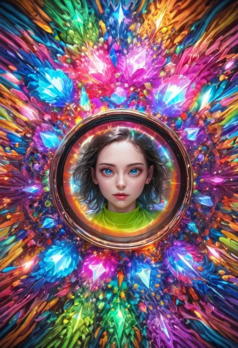 In a psychedelic world, An Hyperrealistic, Ultra-detailed, Anatomically Perfect Image of ((1woman, solo, ocid trip.)) (( big glowing eyes, neon make up, smeared mascara)) ((The woman is flying through a kaleidoscope portal with lights bouncing between the ...