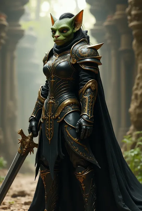 Female anthro goblin wearing fantasy fully armored black and gold knight armor wielding long fantasy gold and crystal sword Anime-style 