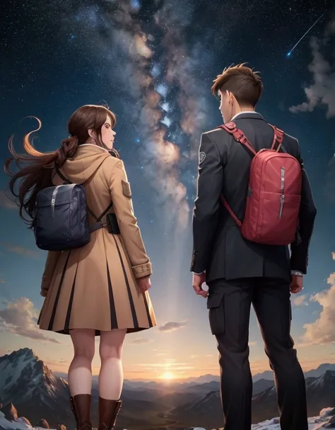 A couple of a young man and woman ,   at the top of the mountain enjoying the passing wind,  a starry night sky .
They are socially dressed . 
seen from behind, full body.
90&#39;s anime style, 2D.