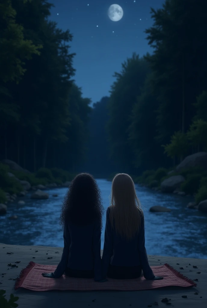  Two women are sitting on a blanket in the middle of the forest in front of a river . There are a few small rocks in the river . There are a few leaves next to the women .  It is night and in the night sky you can see a few stars and a small full moon . Bo...