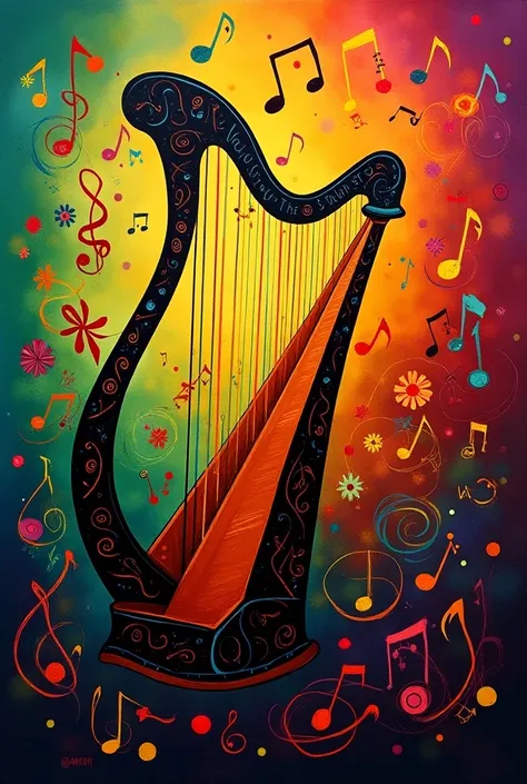 Make an image of a harp and musical notes inspired by the works and colors of Tarsila do Amaral with colors of Brazil
