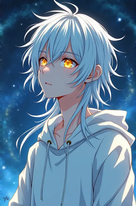 male character,  messy and long white hair, strong yellow eyes,  blended skin color ,  white hoodie shirt , staring, Serene expression,  galaxya background , 1990 anime art 