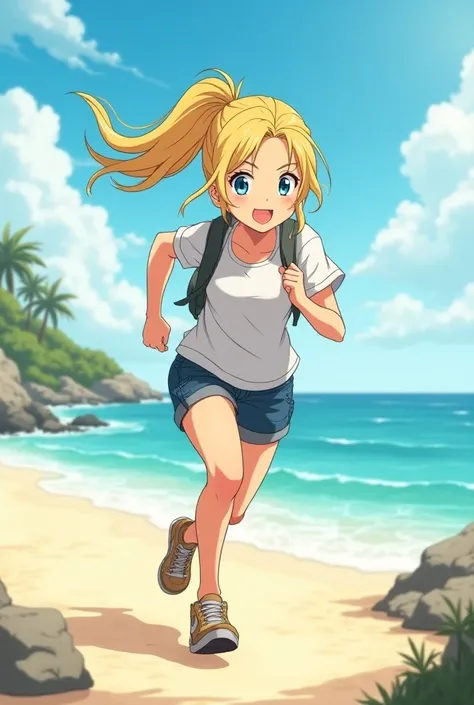 Blonde、blue eyes、Anime style older sister、1 female、ponytail、Running、Morning seaside、middle part