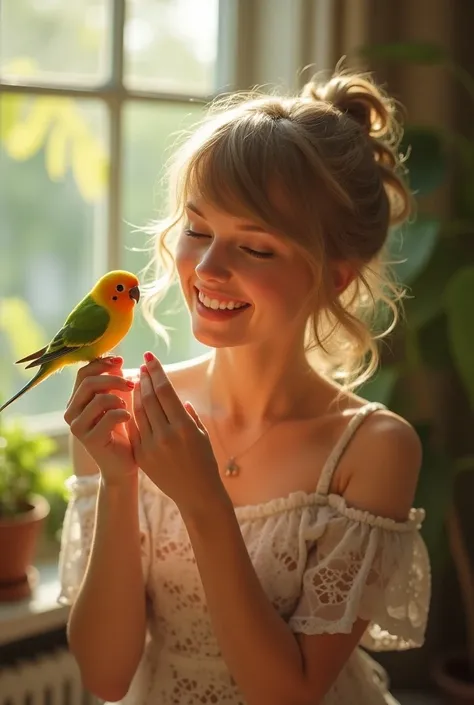 Taylor Swift having a good time showing the parakeet 
