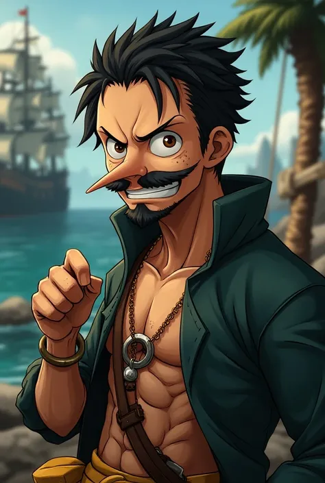  character from one piece the same type of drawing
Pirate Man
 short black hair with shaving on the sides 
white skin with freckles
 beard, hazel eyes and thick eyebrows .
Slim body 
Long nose  