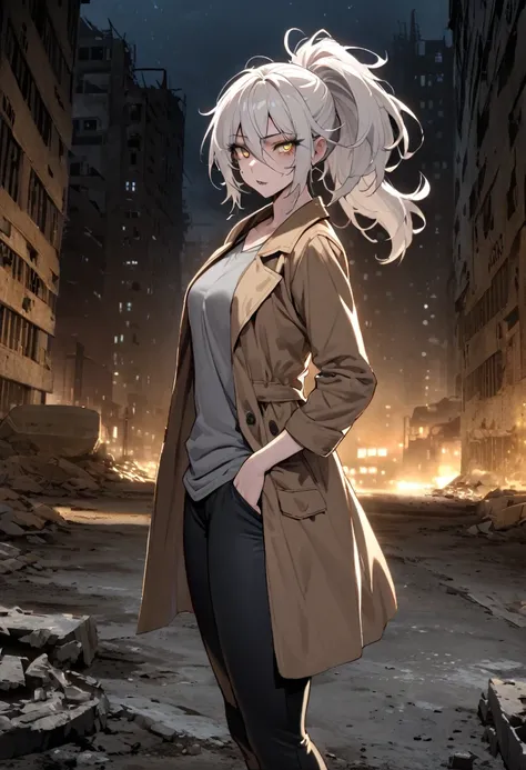 mature, golden eyes, looking at viewer, female, outskirts background, messy hair, very long white hair that reaches to her thighs, ponytail, parted lips, hair between eyes, standing, scar across eye, clear skin, slim, fit, from the side, night, missing rig...