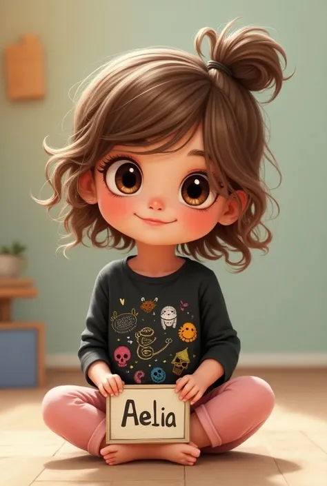 Petite fille de 4 ans châtain aux cheveux ondulés mi-longs attaches en chignon rapide. Aux grands yeux marrons. Habillée en legging rose clair et tee-shirt manches longues noir avec des dessins de toutes les couleurs. Portant une pancarte avec écrit "Aelia...