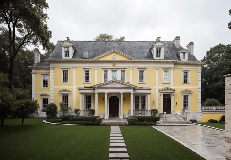  The house is large, two-story in a simple classical style from the late 19th century and yellow walls on the outside.  The steps and roof were decorated with white stone . Its dark outside , rain,  at night and the lights are off 