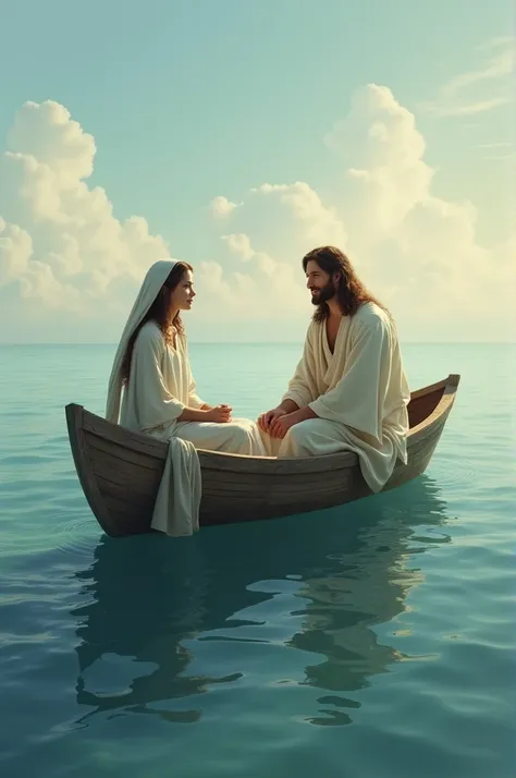 BOAT WITH JESUS CHRIST AND A WOMAN INSIDE THE BOAT AT SEA.