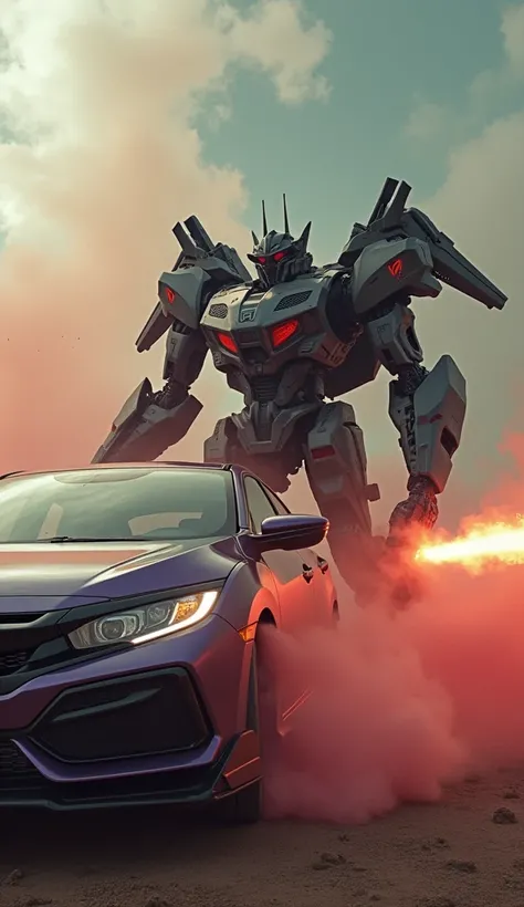 give me a detail prompt of honda civic fully loded with guns transforming into a hybird version  hitting a missle on corolla car with insense fighting background