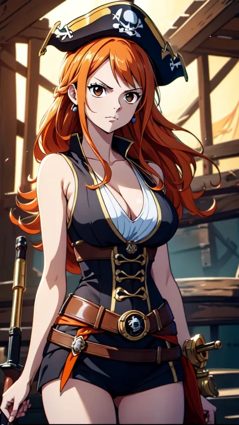  staring at the dress from nami ,  orange hair, Beautiful brown eyes, (( wearing pirate clothes )) wearing orange boots, Sword in One H , sexy , Obscene pose ,Full Body,  arms crossed behind , (Pirate ship background) (Best Quality, 4K, 8k,  High Resolutio...