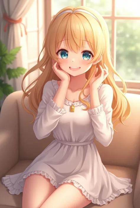 Blonde、curtain bangs、blue eyes、Anime style older sister、1 female、Room sofa 、cute long sleeve dress