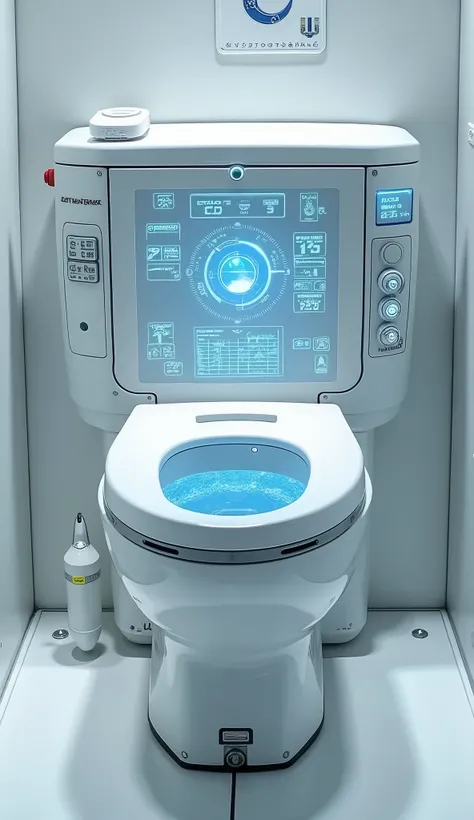 live-action、Real、 a slightly narrow toilet like a cockpit、 electronic devices and switches lined up 、 the equipment emits blue light 、Japanese-style toilet bowl with a silver and streamlined design、The floor is an iron plate 、 white room with holograms dis...